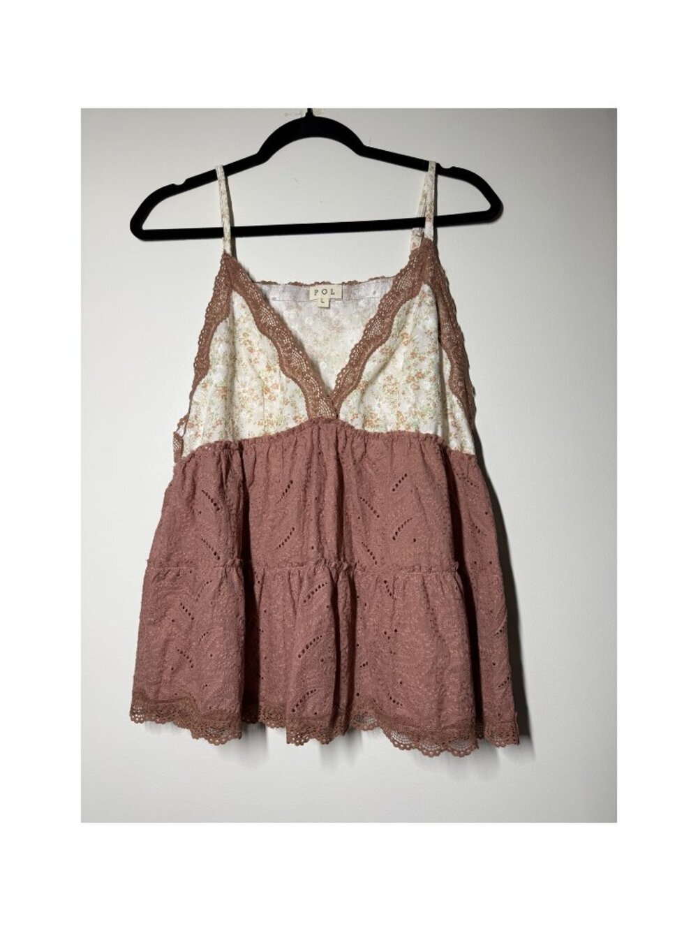 POL UWT545A Floral Eyelet Lace Babydoll Cami Top Mauve L NWOT